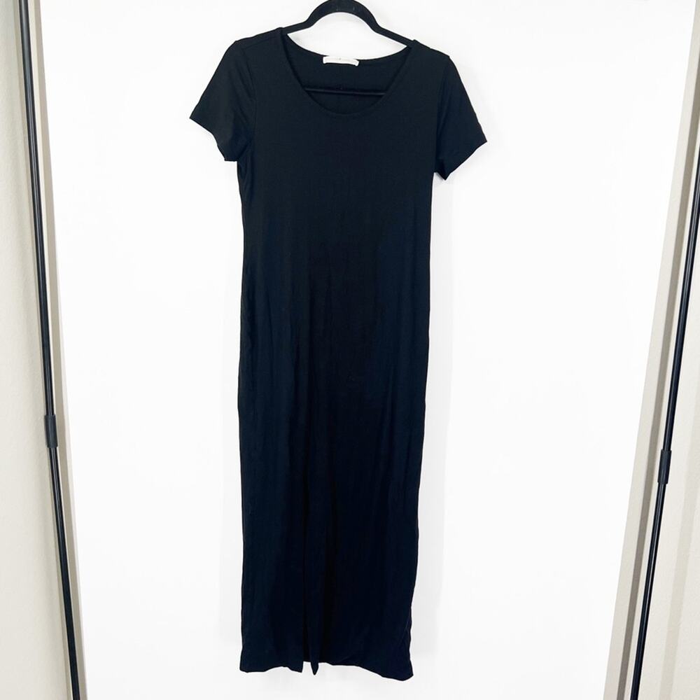 Peruvian Connection Black Short Sleeve Maxi Dress Slits Pima Cotton Blend